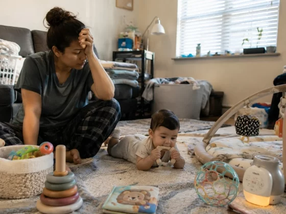 Parent sitting on a messy living room floor with a 6-month-old baby holding a teether and scattered baby toys around them in natural morning light