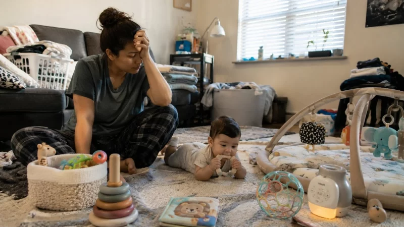 Parent sitting on a messy living room floor with a 6-month-old baby holding a teether and scattered baby toys around them in natural morning light